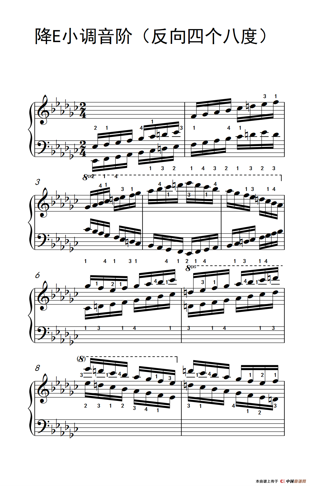 降E小调音阶（反向四个八度）（孩子们的钢琴音阶、和弦与琶音 2）