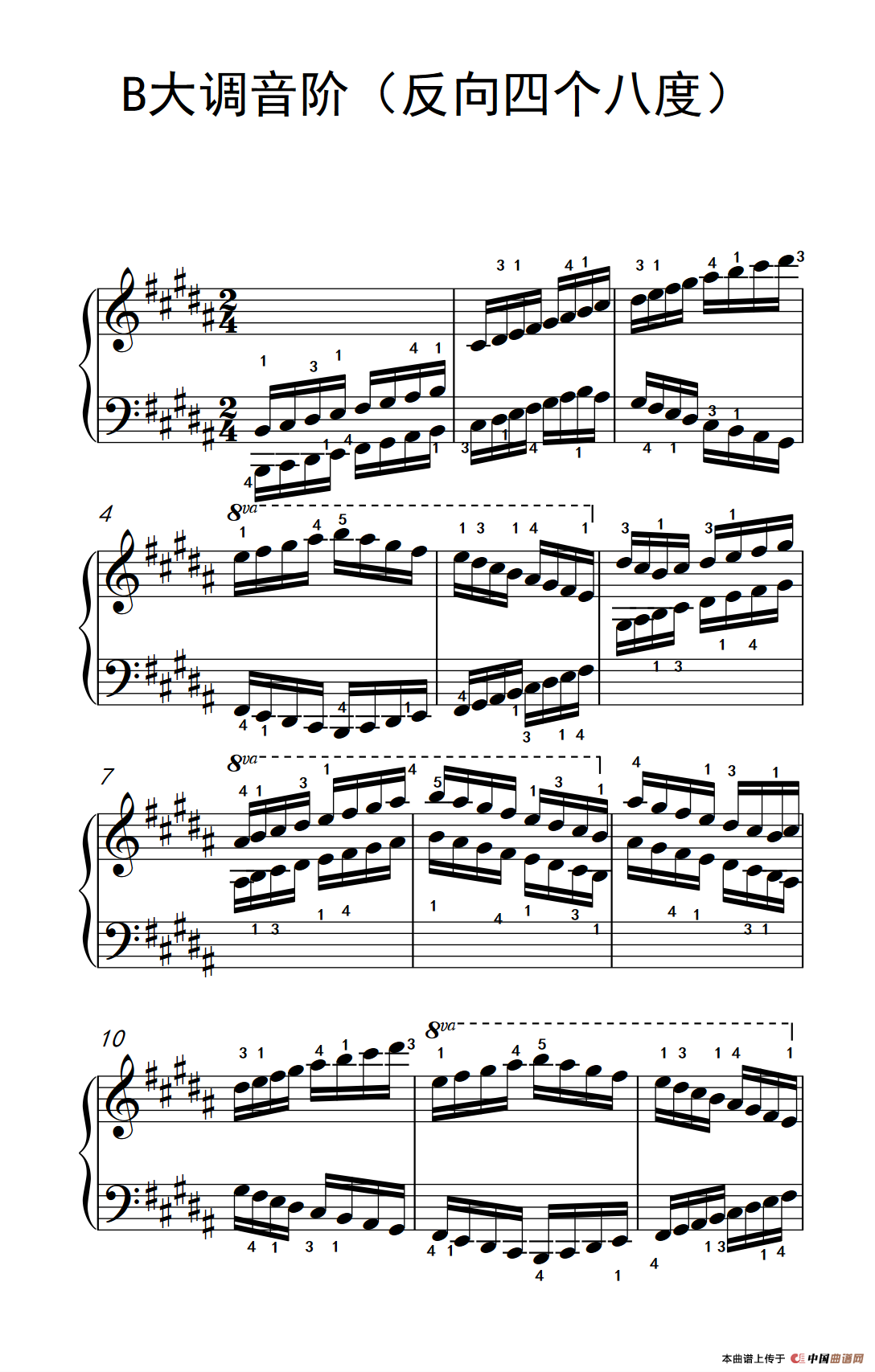B大调音阶（反向四个八度）（孩子们的钢琴音阶、和弦与琶音 2）