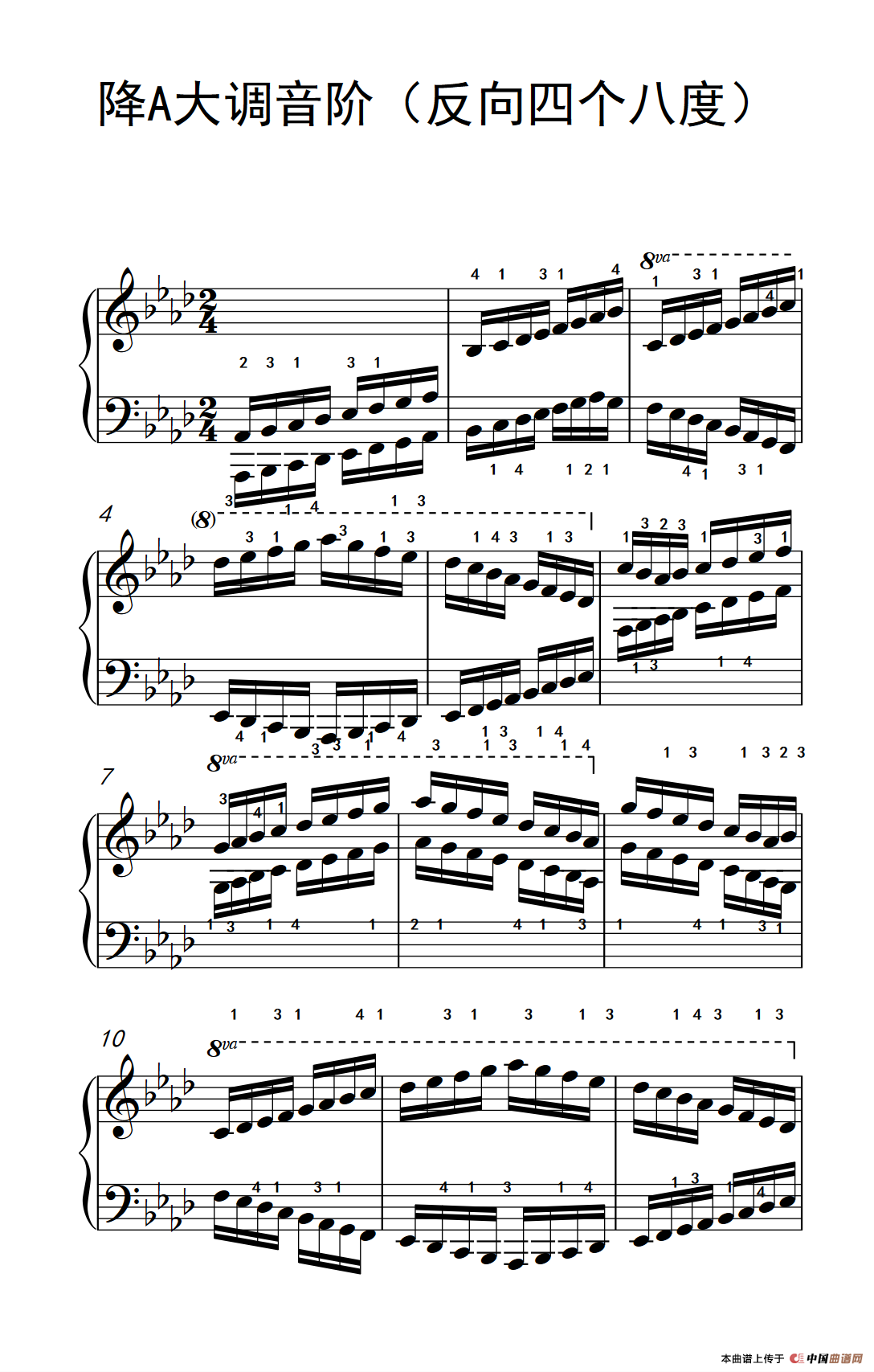 降A大调音阶（反向四个八度）（孩子们的钢琴音阶、和弦与琶音 2）