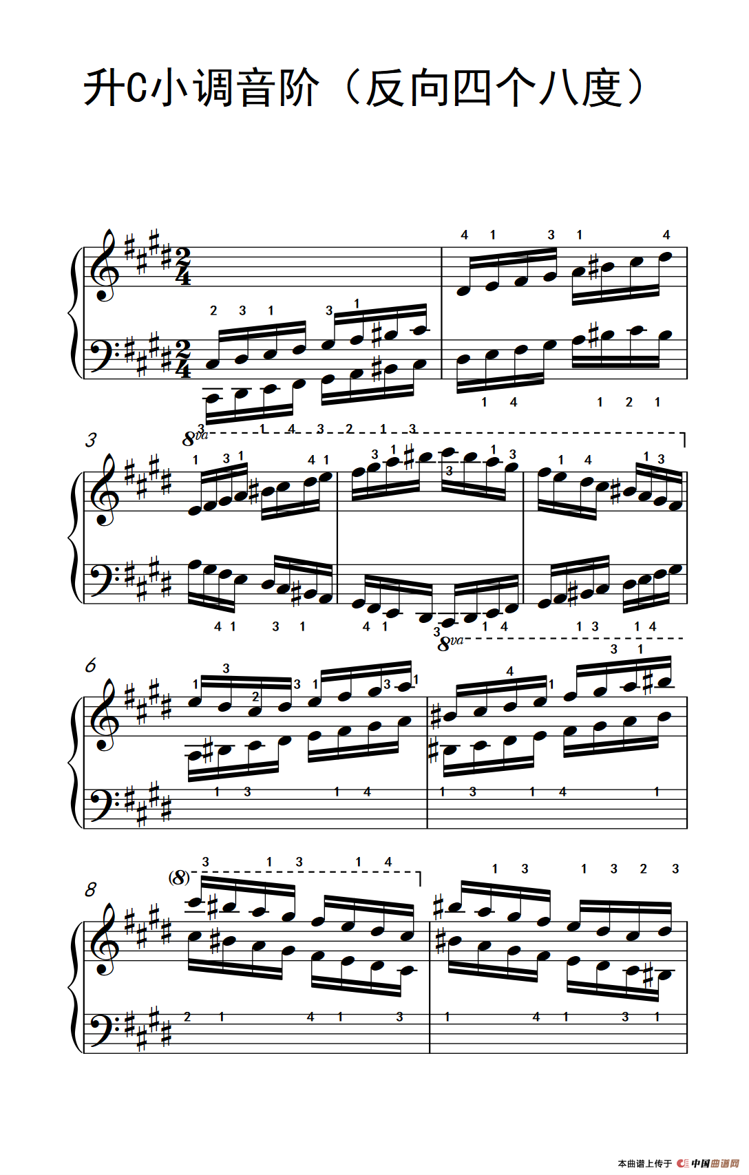 升C小调音阶（反向四个八度）（孩子们的钢琴音阶、和弦与琶音 2）