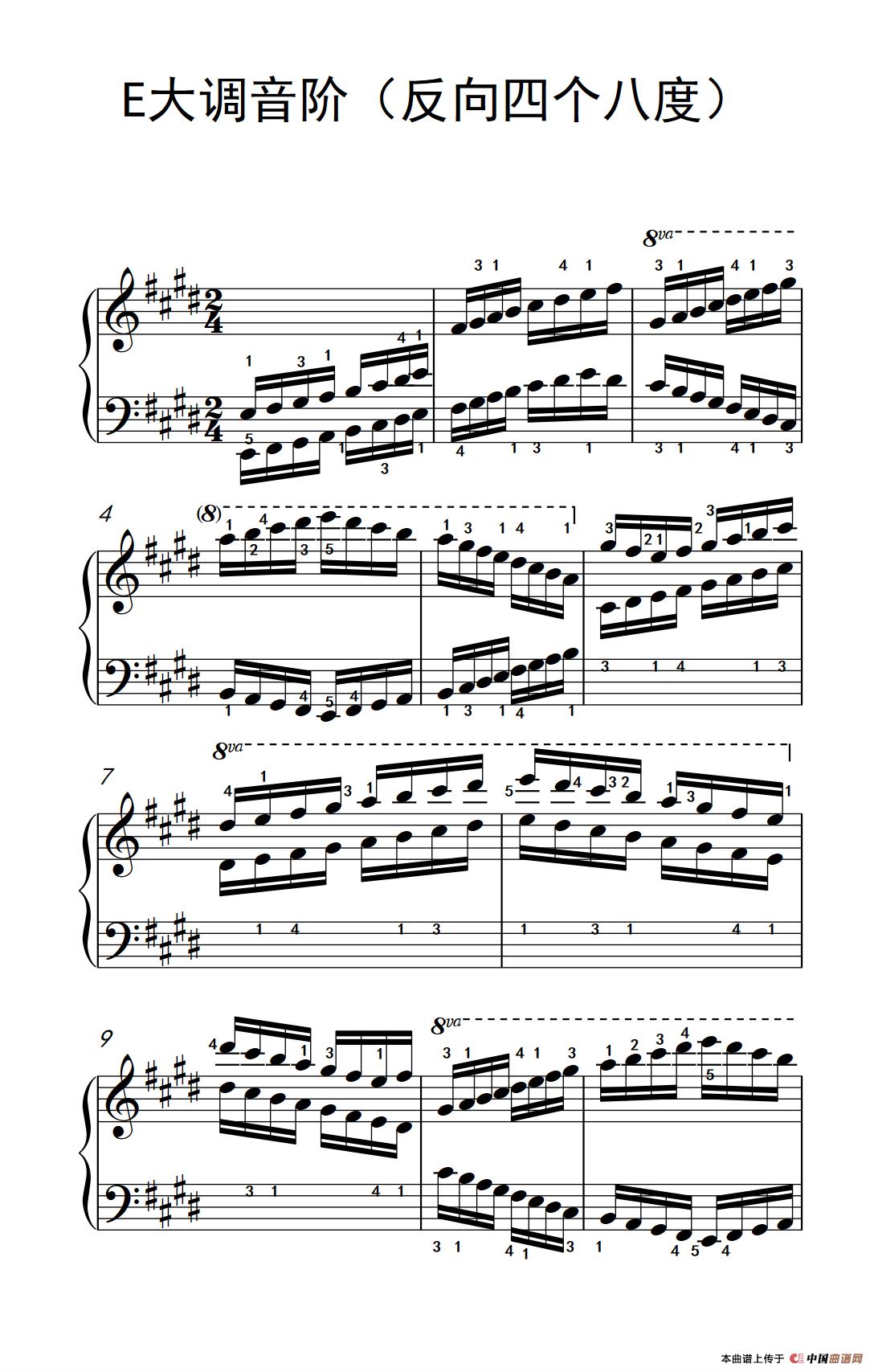E大调音阶（反向四个八度）（孩子们的钢琴音阶、和弦与琶音 2）