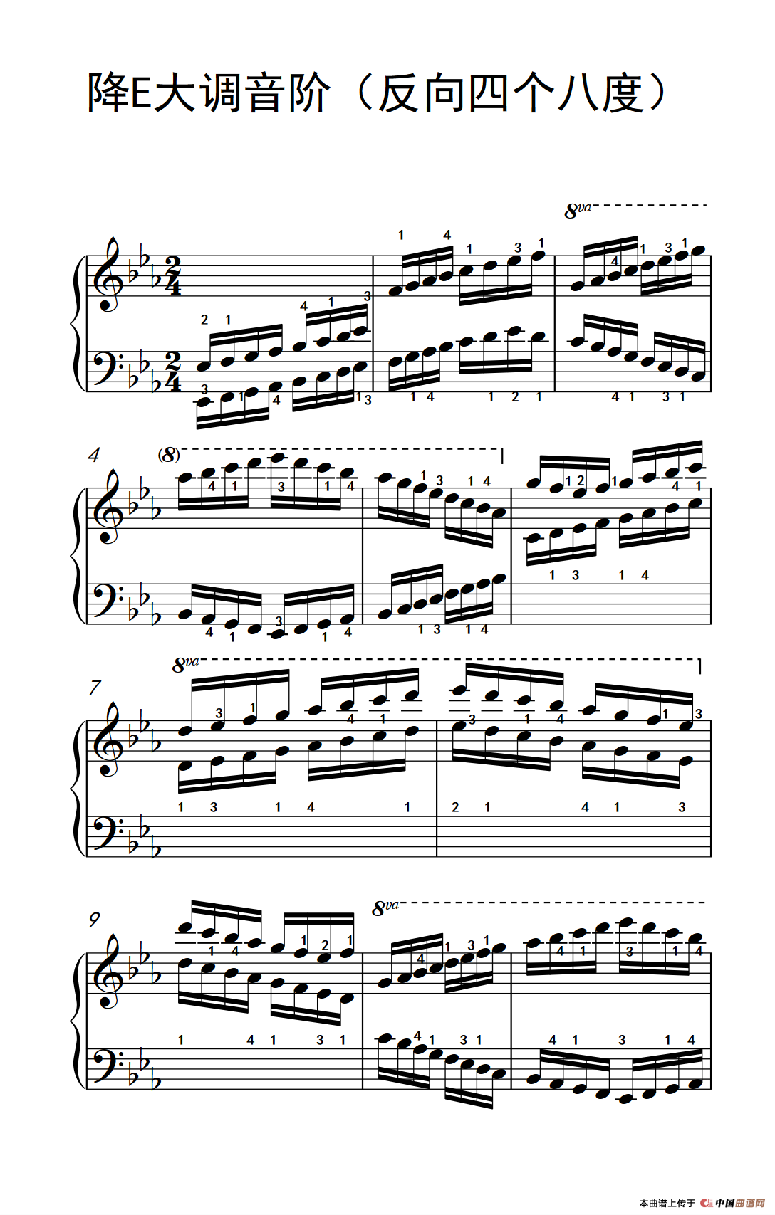 降E大调音阶（反向四个八度）（孩子们的钢琴音阶、和弦与琶音 2）