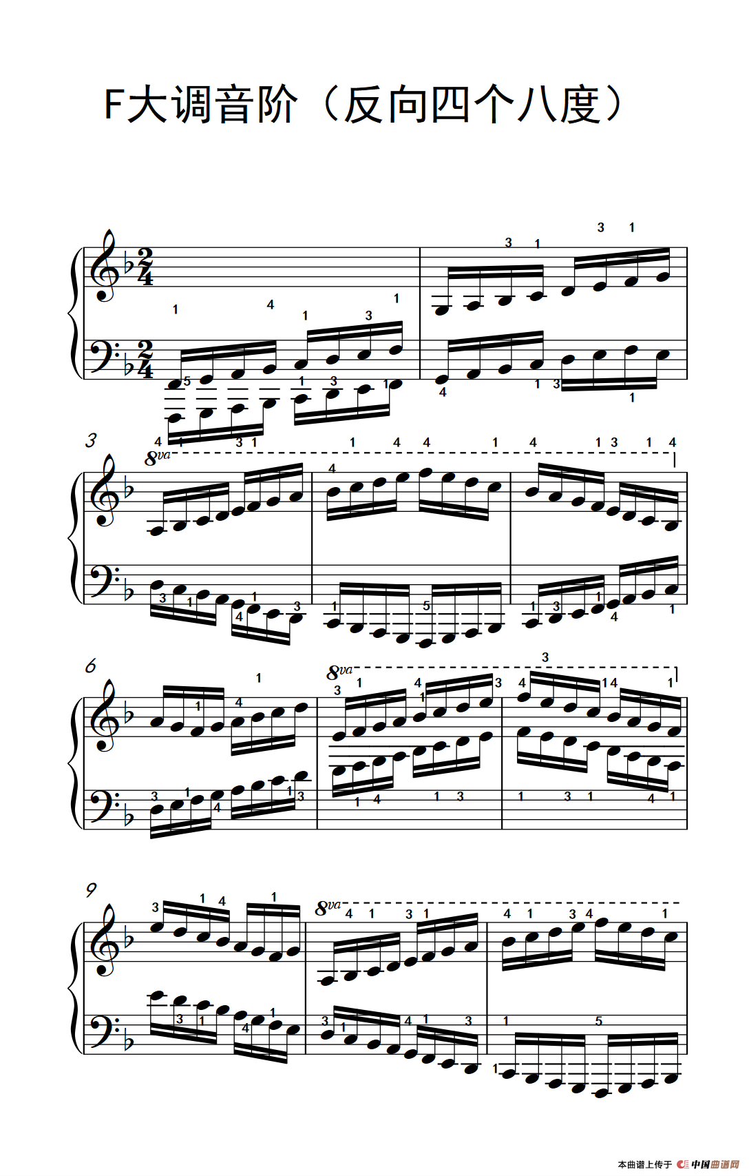 F大调音阶（反向四个八度）（儿童钢琴练习曲）