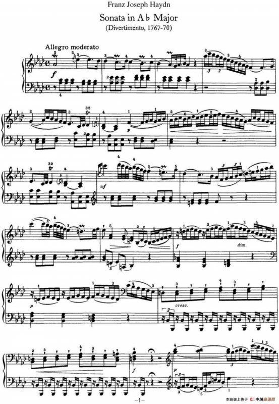 海顿 钢琴奏鸣曲 Hob XVI 46 Divertimento Ab major