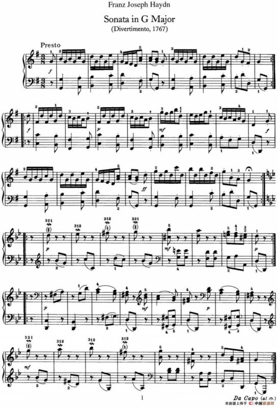 海顿 钢琴奏鸣曲 Hob XVI 11 Divertimento G major