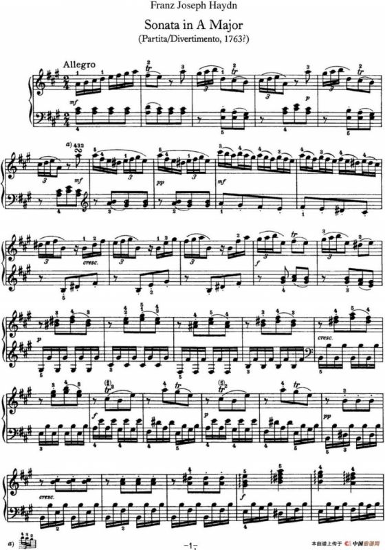 海顿 钢琴奏鸣曲 Hob XVI 5 Divertimento A major