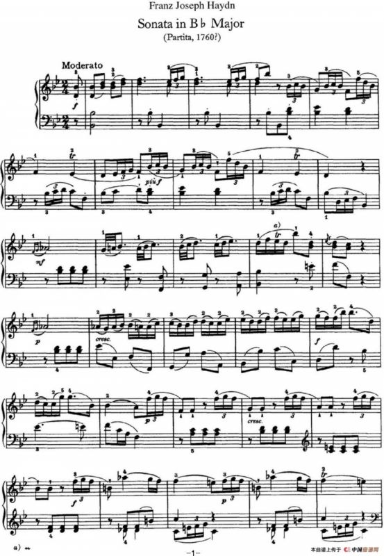 海顿 钢琴奏鸣曲 Hob XVI 2 Partita B-flat major
