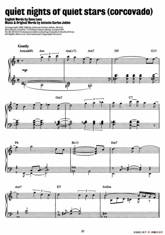 Quiet Nights Of Quiet Stars（Corcovado）（爵士钢琴酒吧独奏钢琴谱）