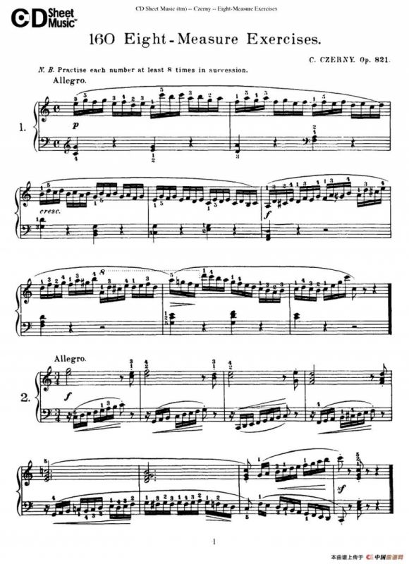 160 Eight- Measure Exercises.Op.821（车尔尼160首钢琴八小节练习曲（1——18））