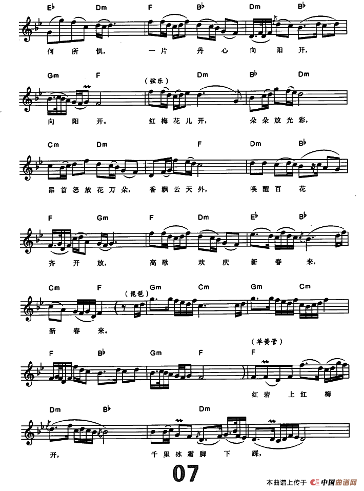 红梅赞（电子琴弹唱谱）
