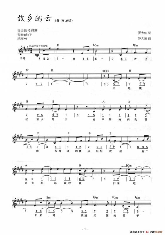 故乡的云（线简混排弹唱谱）