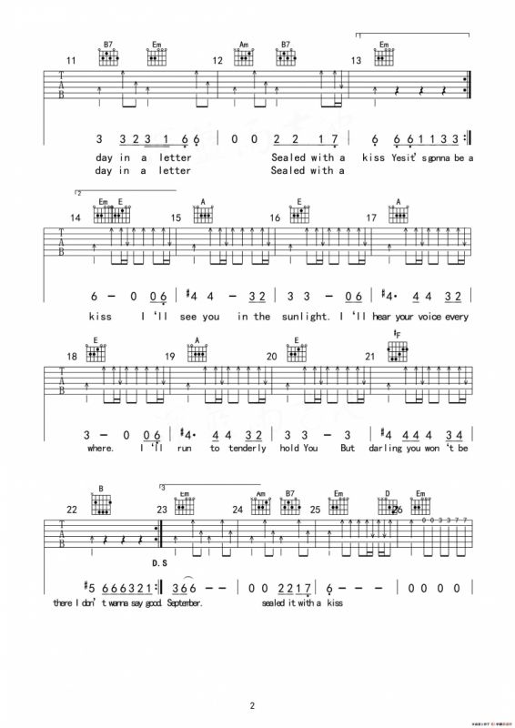 以吻封缄（弹唱谱、外文版、深蓝雨吉他编配）