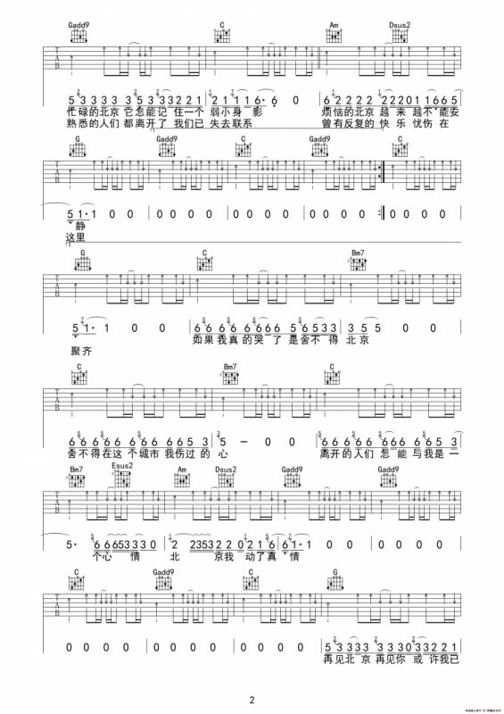 再见北京（吉他六线谱）