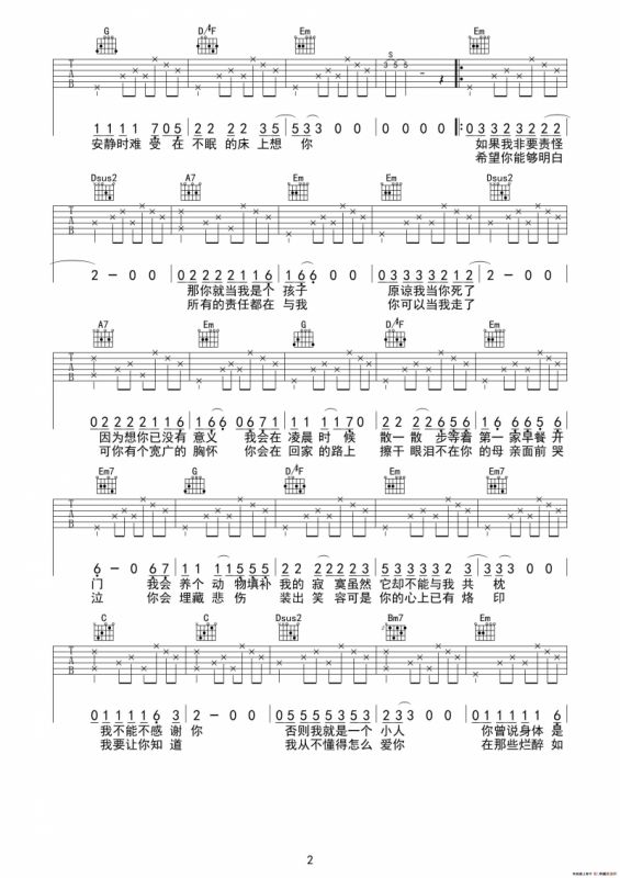 已是两条路上的人（吉他六线谱）