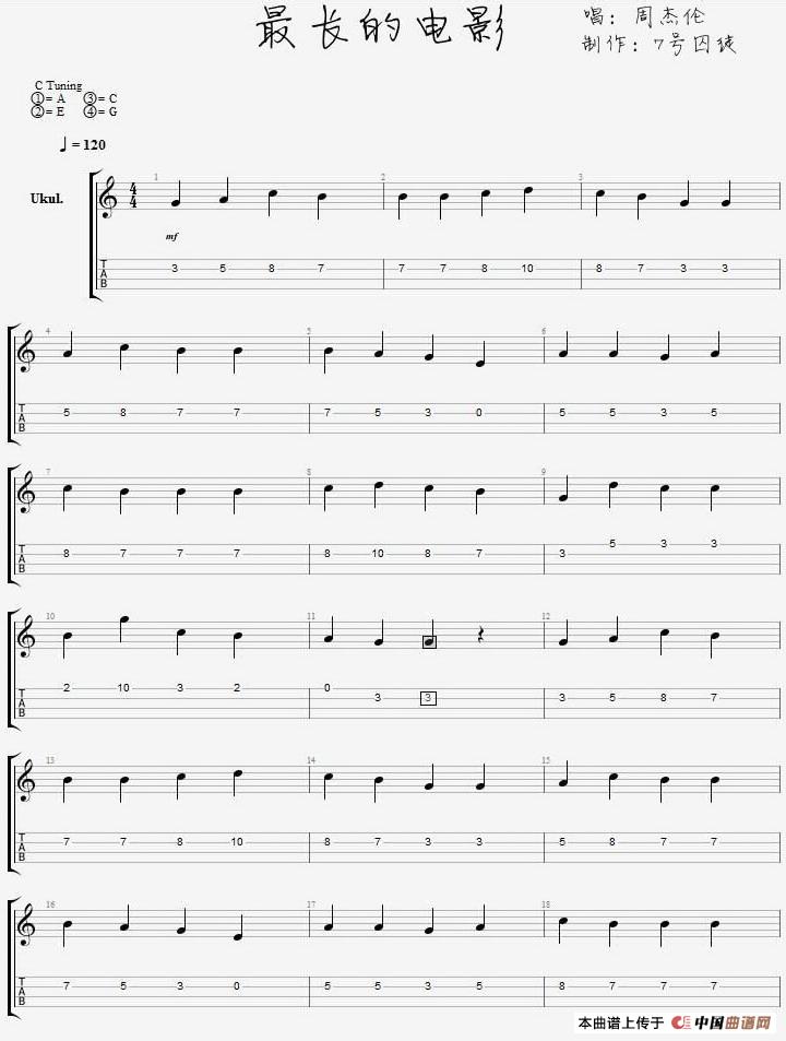 最长的电影（尤克里里指弹谱）