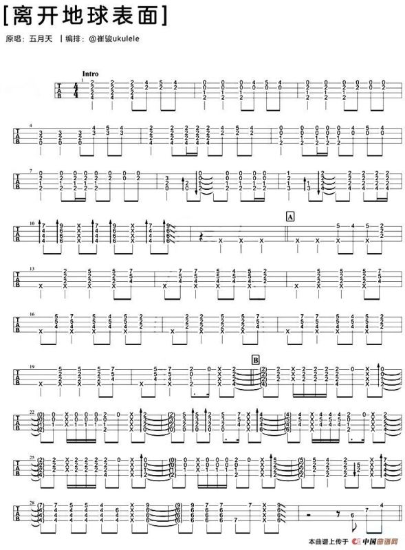 离开地球表面（尤克里里指弹谱）