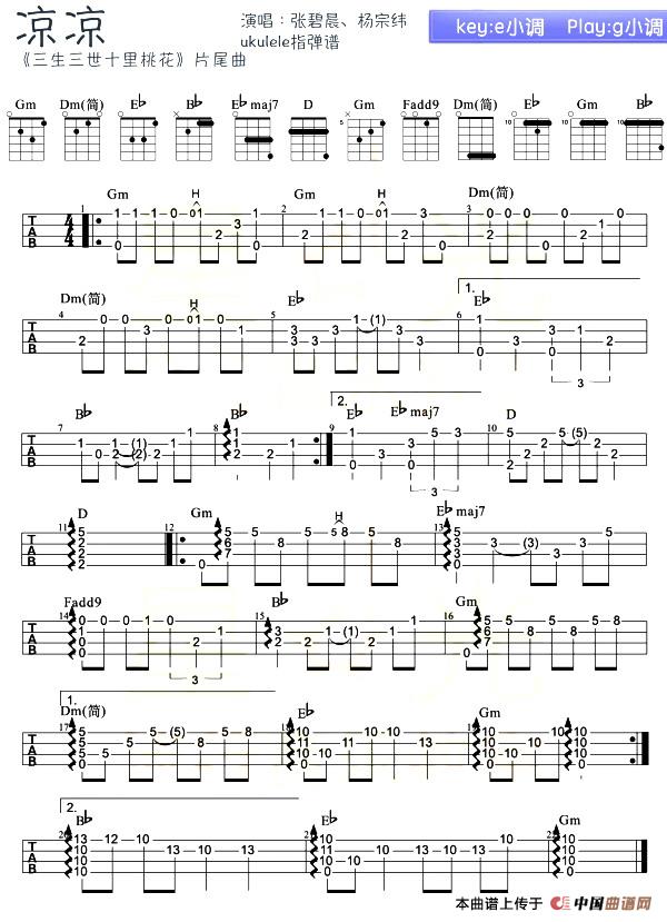 凉凉（尤克里里指弹谱）