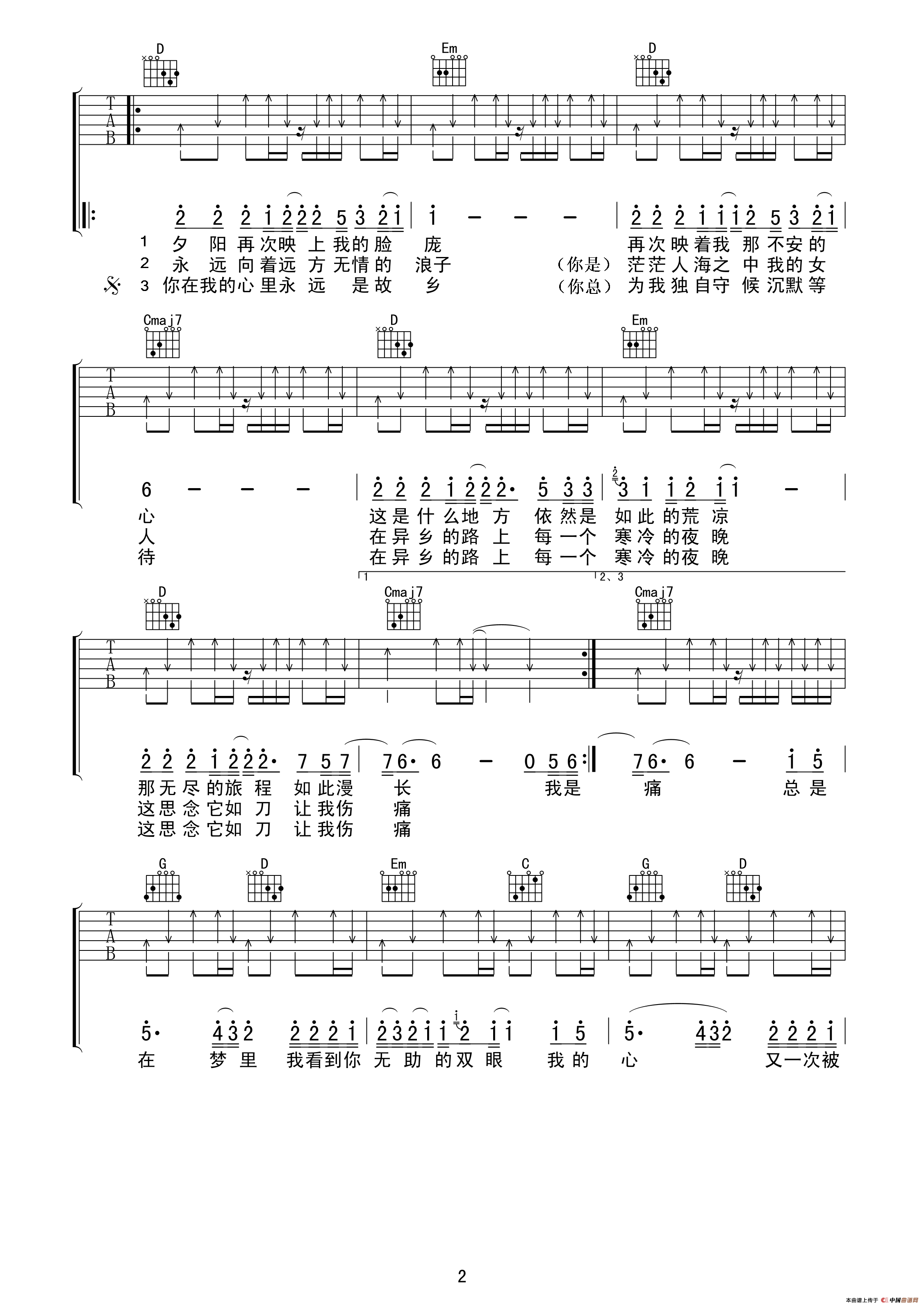 许巍《故乡》高清吉他谱（许巍词曲、 侍书琴社编配版）