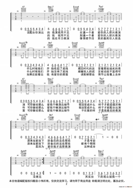 演员（薛之谦A调指法吉他谱）（酷音小伟编配）