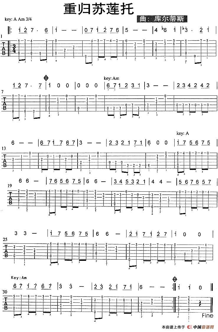 重归苏莲托（独奏、指弹谱）