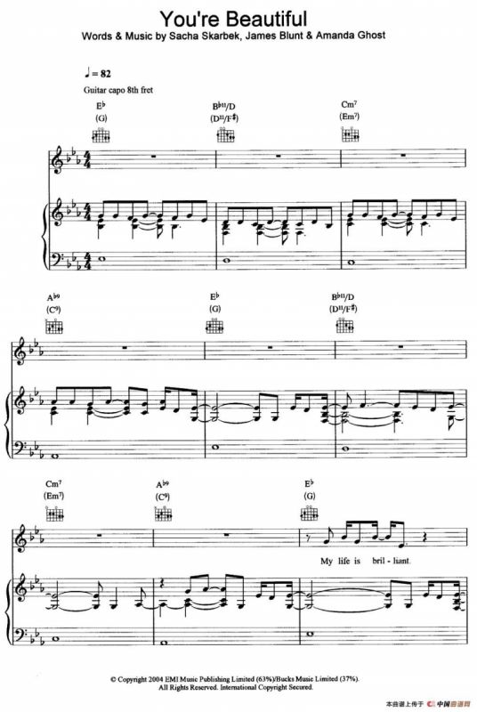 you‘re beatuiful（五线谱+钢琴伴奏）