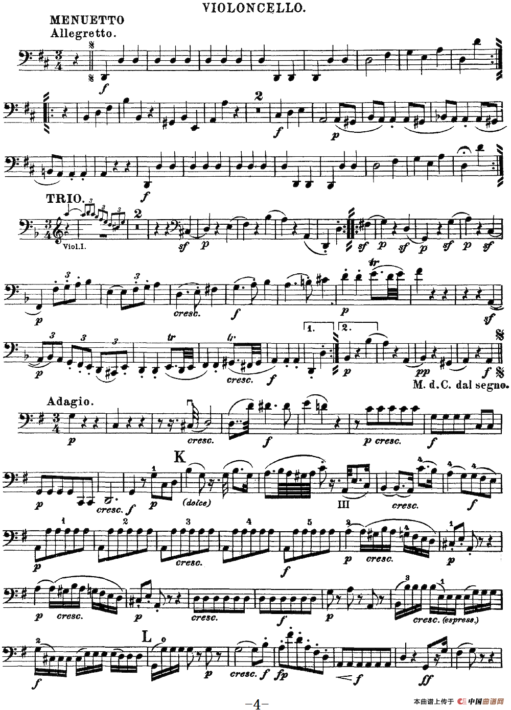 Mozart《Quartet No.20 in D Major,K.499》（Cello分谱）