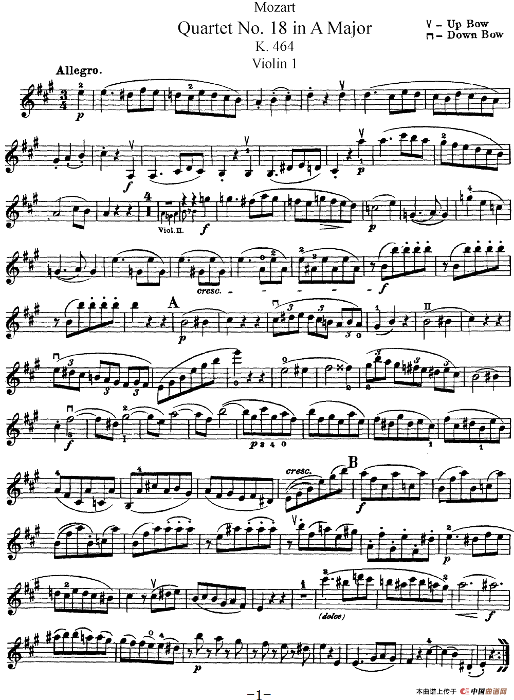 Mozart《Quartet No.18 in A Major,K.464》（Violin 1分谱）