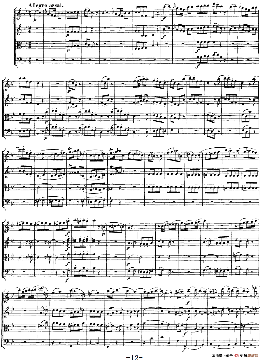 Mozart《Quartet No.17 in Bb Major,K.458》（总谱）