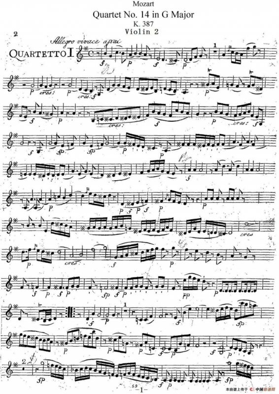 Mozart《Quartet No.14 in G Major,K.387》（Violin 2分谱）