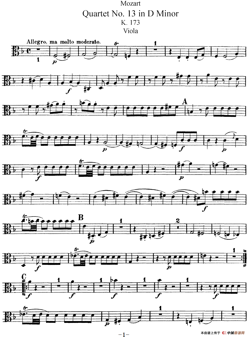 Mozart《Quartet No.13 in D Minor,K.173》（Viola分谱）