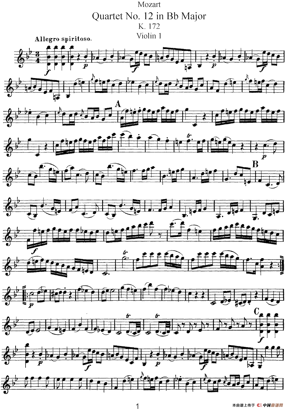 Mozart《Quartet No.12 in Bb Major,K.172》（Violin 1分谱）