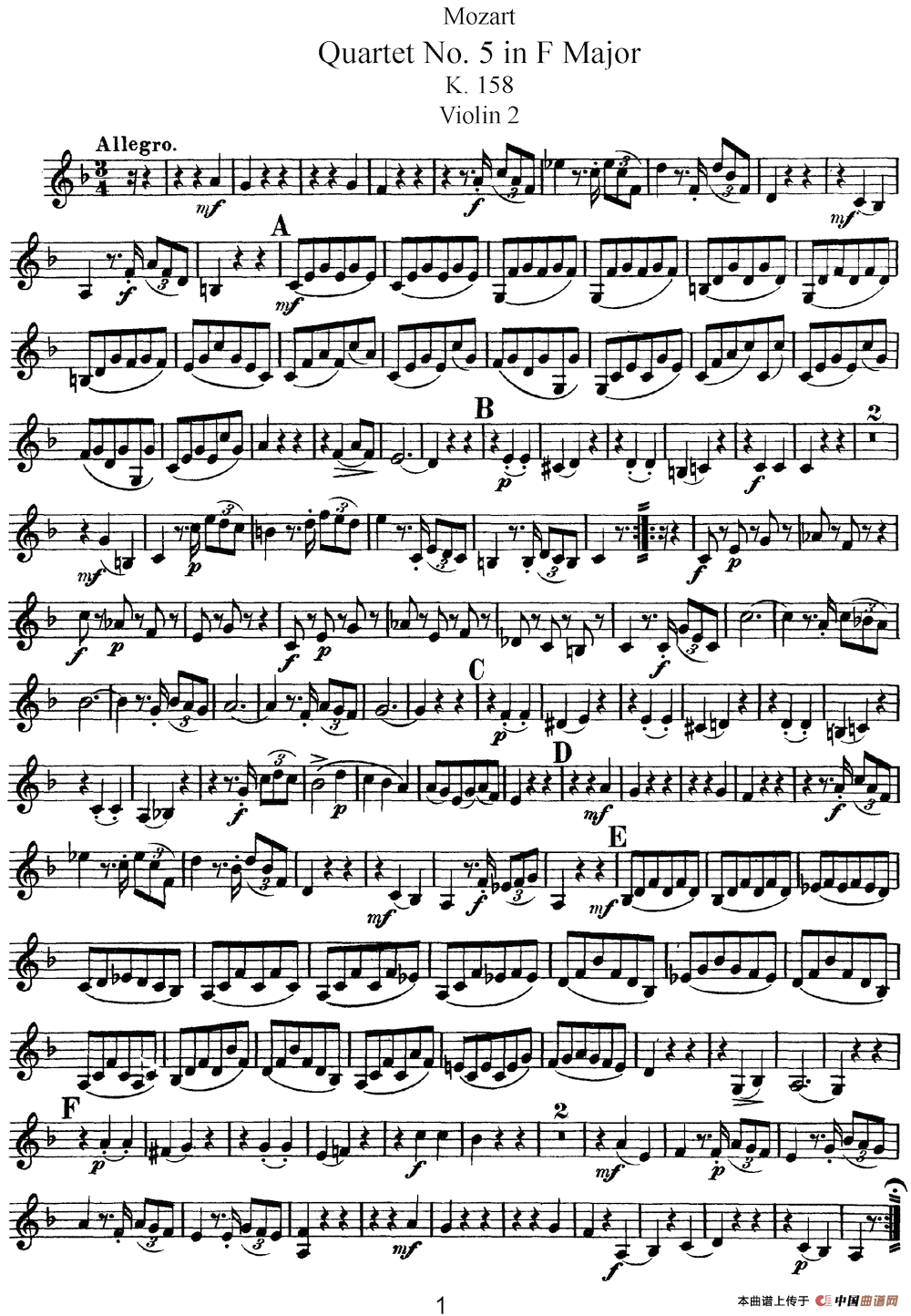 Mozart《Quartet No.5 in F Major,K.158》（Violin 2分谱）