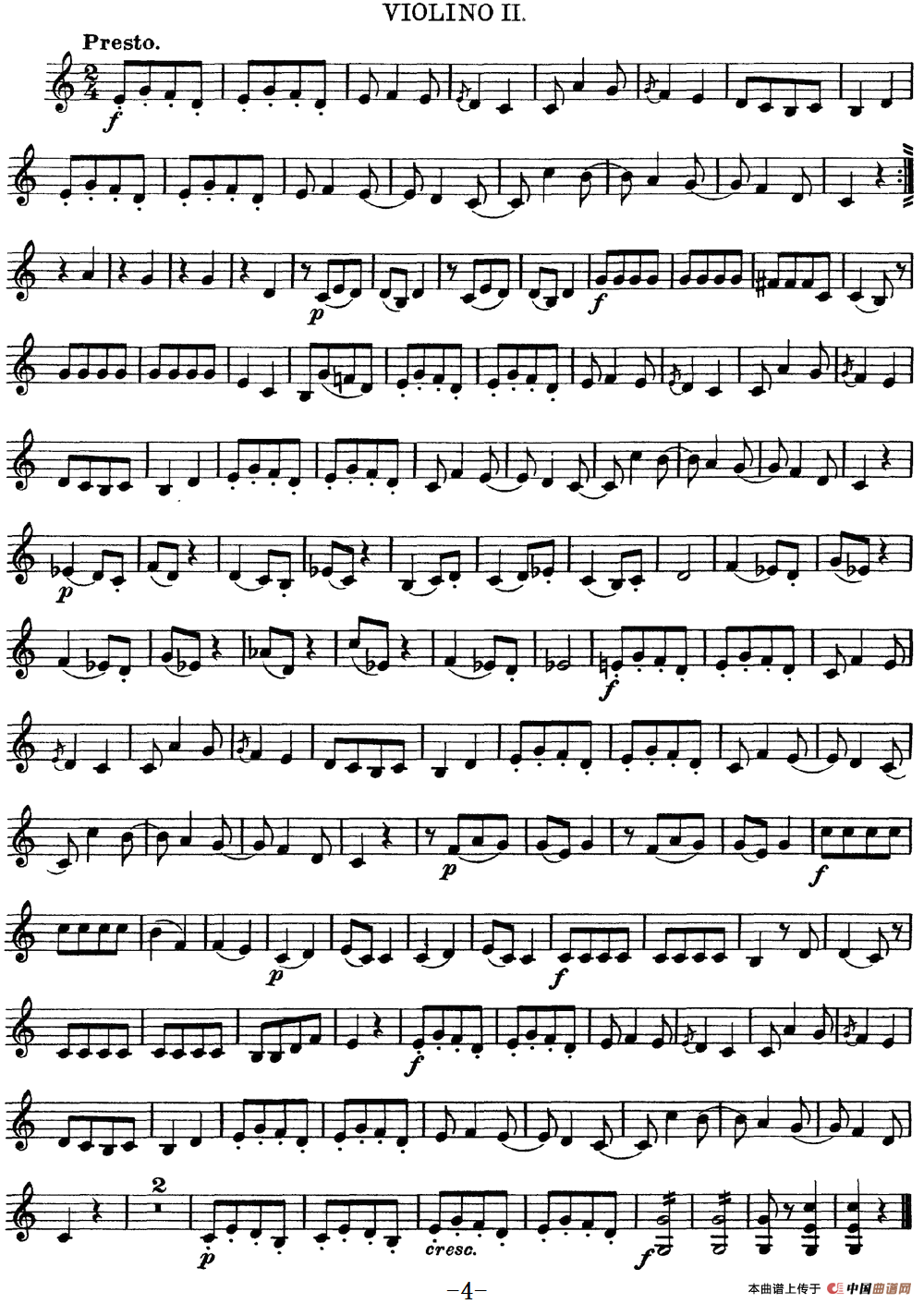 Mozart《Quartet No.4 in C Major,K.157》（Violin 2分谱）