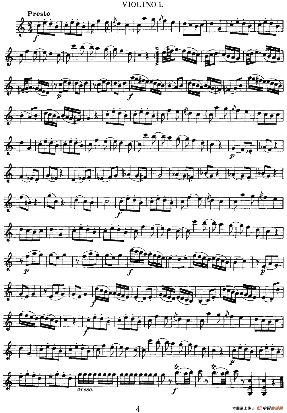 Mozart《Quartet No.4 in C Major,K.157》（Violin 1分谱）