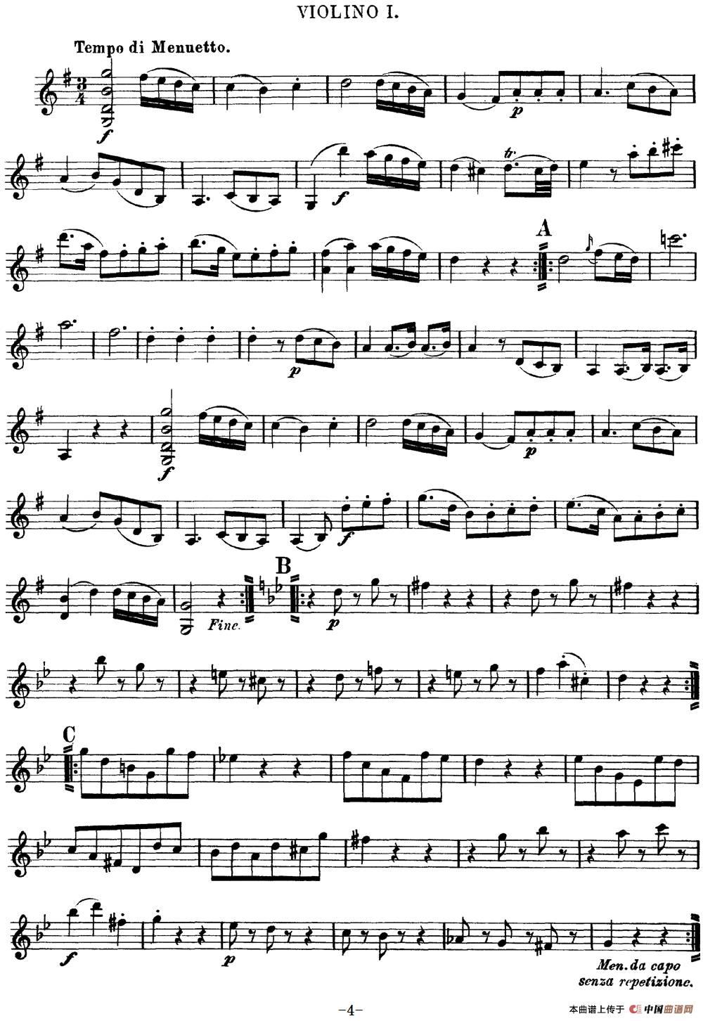 Mozart《Quartet No.3 in G Major,K.156》（Violin 1分谱）