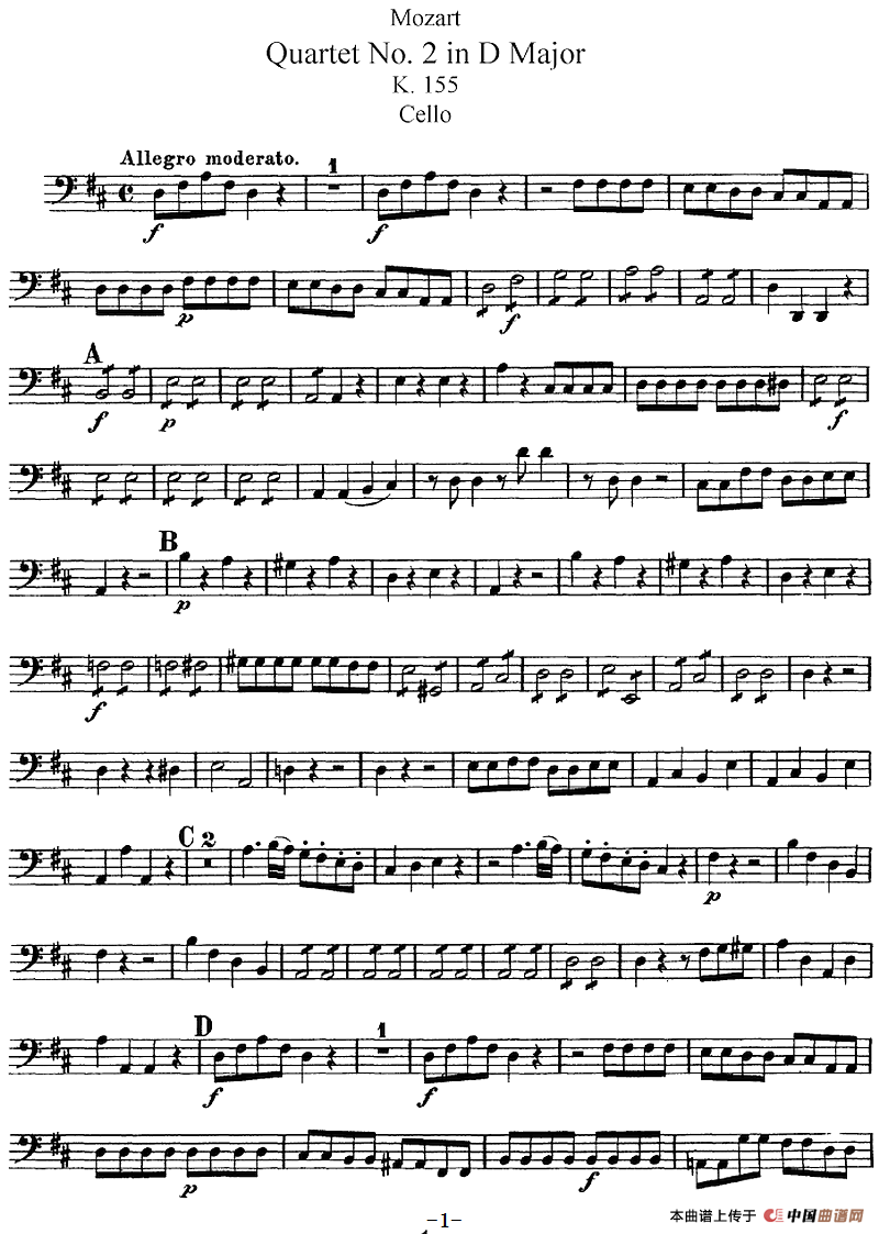 Mozart《Quartet No.2 in D Major,K.155》（Cello分谱）