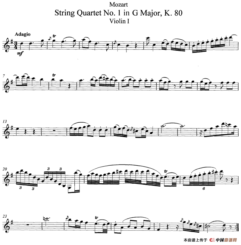 Mozart《String Quartet No.1 in G Major,K.80》（Violin Ⅰ分谱）