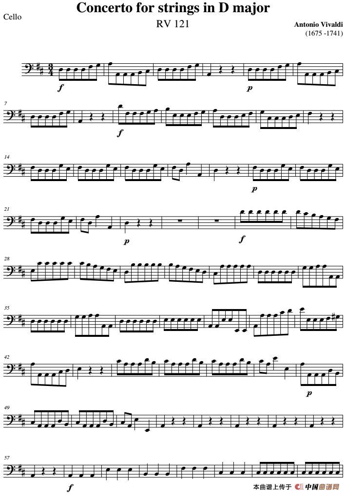 Concerto for strings in D Major（RV121、Cello分谱）