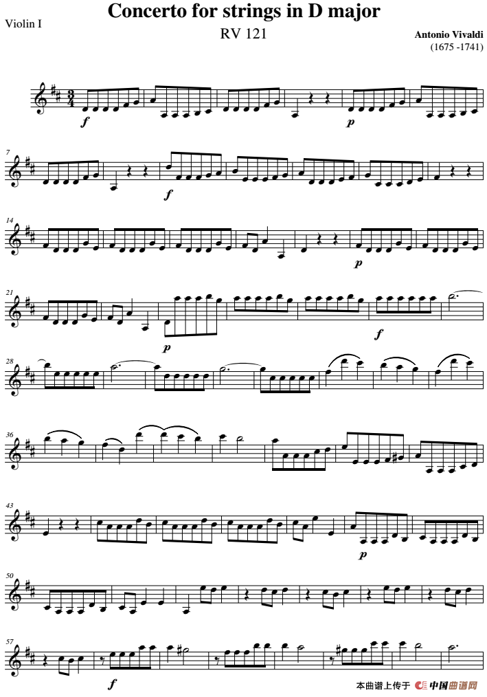 Concerto for strings in D Major（RV121、Violin Ⅰ分谱）