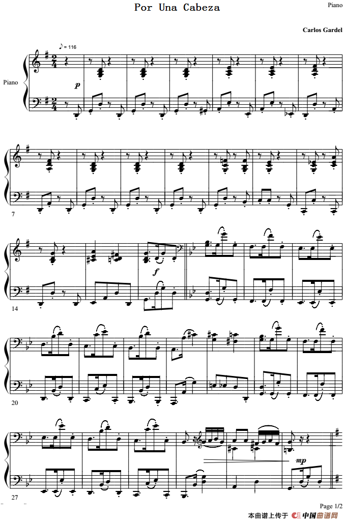 Por Una Cabeza 一步之遥（钢琴分谱）