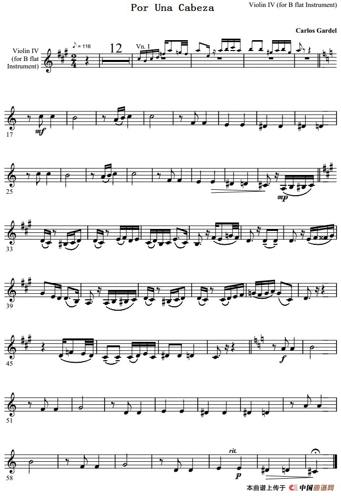 Por Una Cabeza 一步之遥（第四小提琴分谱）