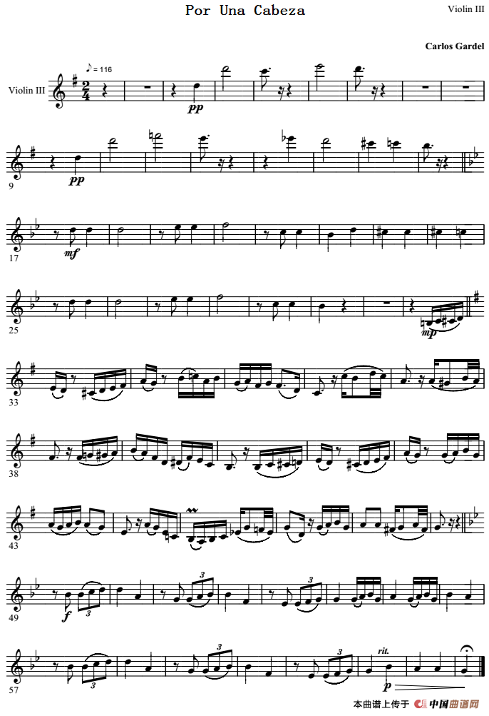 Por Una Cabeza 一步之遥（第三小提琴分谱）