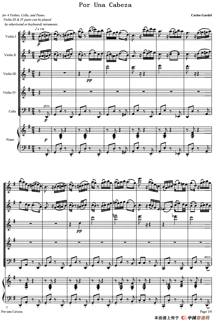 Por Una Cabeza 一步之遥（弦乐五重奏+钢琴伴奏总谱）