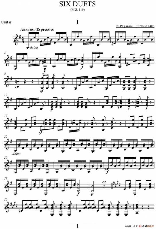 帕格尼尼六首《小提琴和吉他二重奏》 (M.S.110)（吉他分谱）