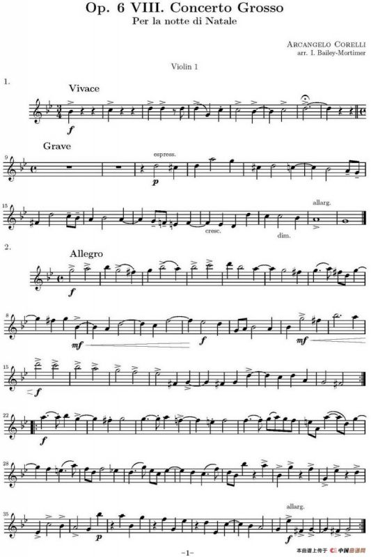 Op.6 VIII. Concerto Grosso（大协奏曲）（四重奏第一小提琴分谱）