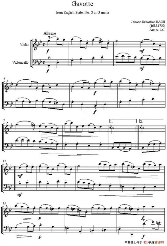 Gavotte from English Suite,No.3 in G minor（加沃特舞曲）（小提琴、大提琴二重奏）