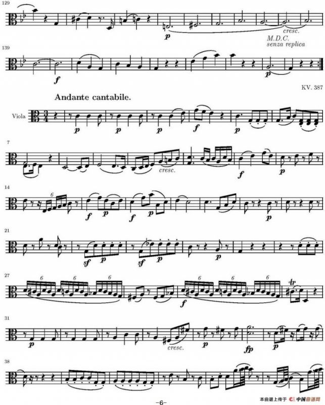 String Quartet KV.387（弦乐四重奏中提琴分谱）