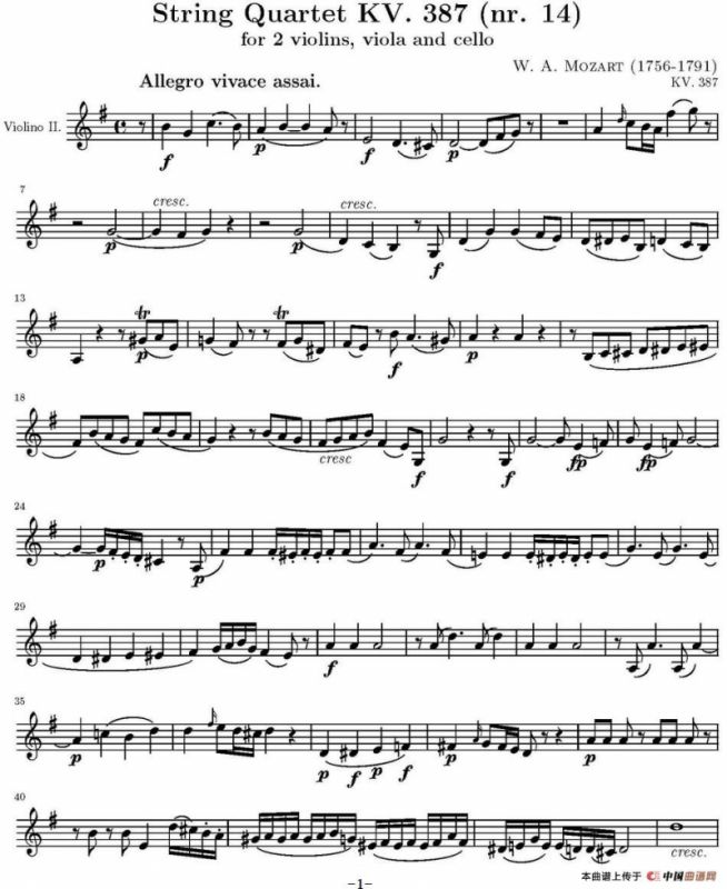String Quartet KV.387（弦乐四重奏第二小提琴分谱）