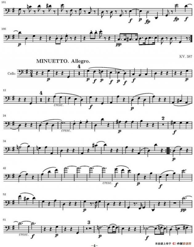 String Quartet KV.387（弦乐四重奏大提琴分谱）