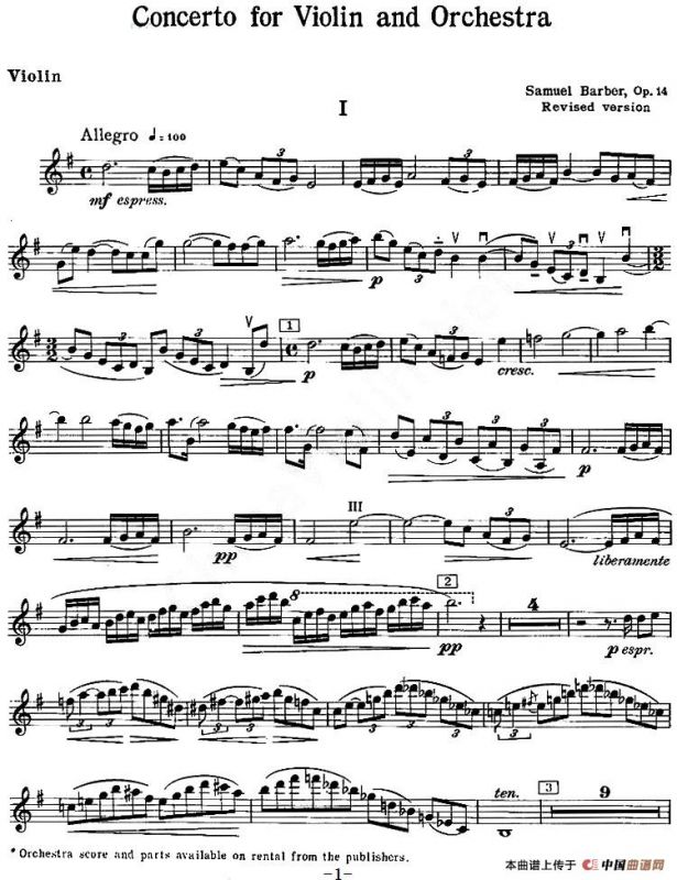 CONCERTO FOR VIOLIN AND ORCHESTRA Op.14（小提琴和交响乐协奏曲·小提琴分谱）